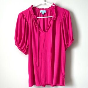 CeCe Size XL Women Pink Ruffle Neck Tie Puff Short Sleeve Top Blouse